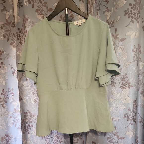 She+Sky Tops - Elegant Double Ruffle Sleeve Blouse in Soft Green